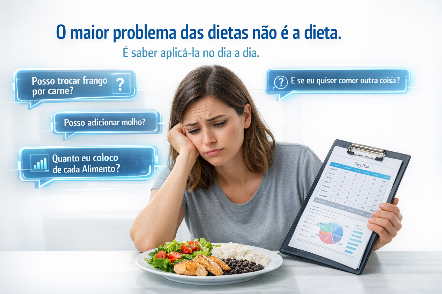 Mulher olhando para um prato com dúvida ou frustração